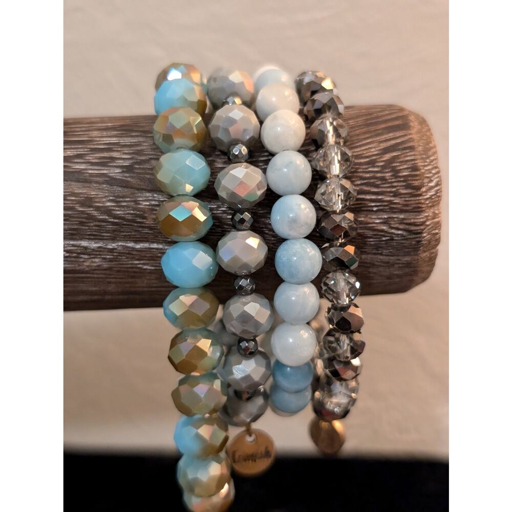 Four Blue/Gray Stone/Crystal Bead Stretch Bracelet Lot